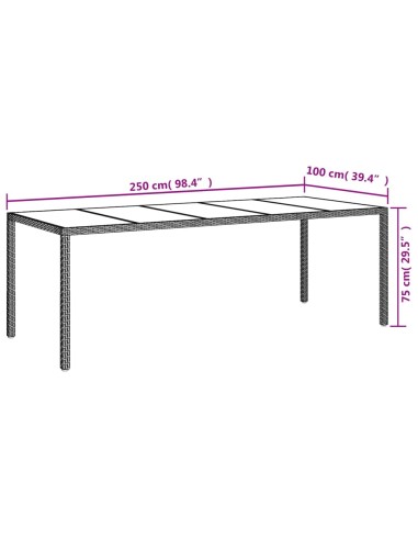 Градинска маса бяла 250x100x75 см полиратан и закалено стъкло