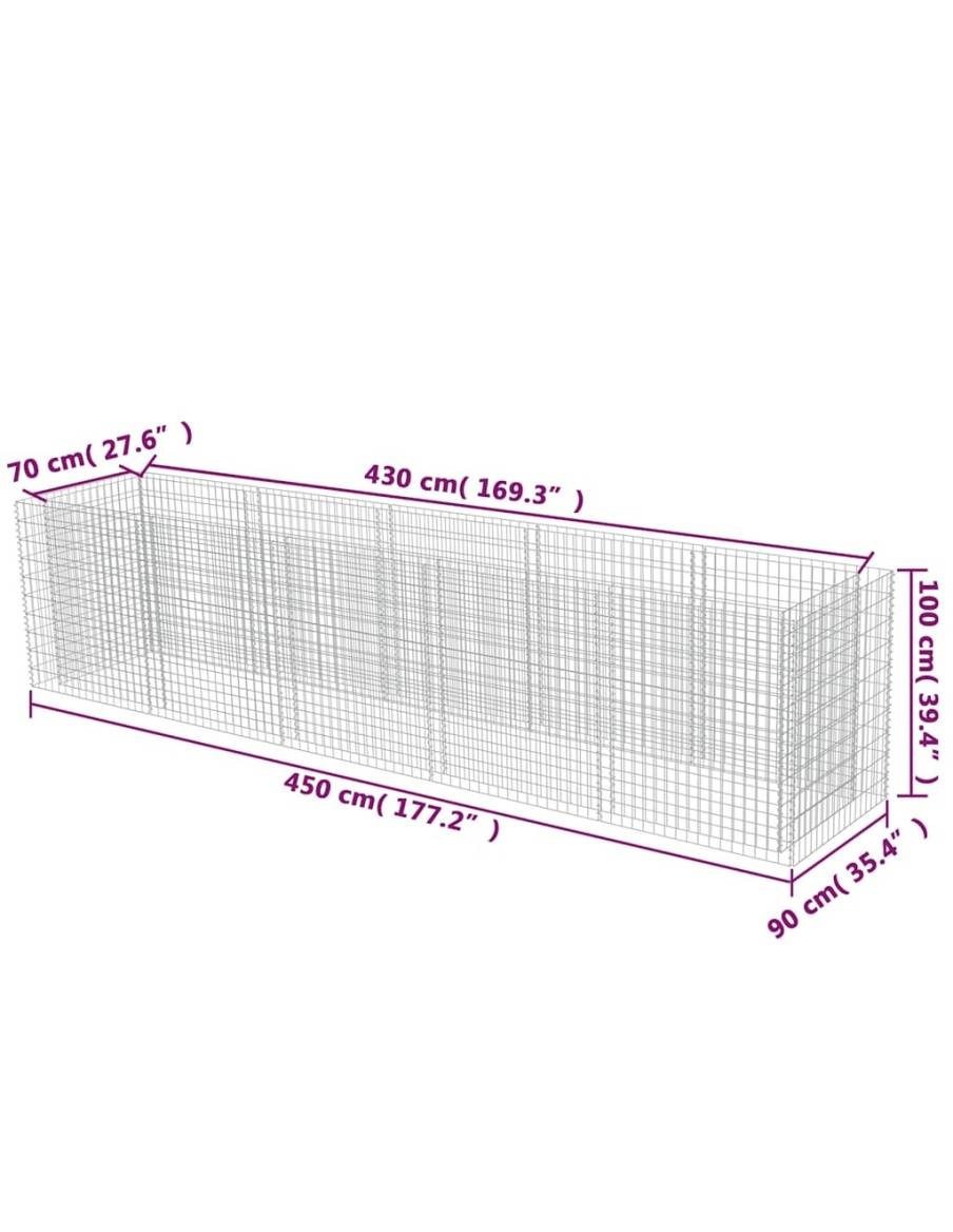 Габион повдигната леха, поцинкована стомана, 450x90x100 cм