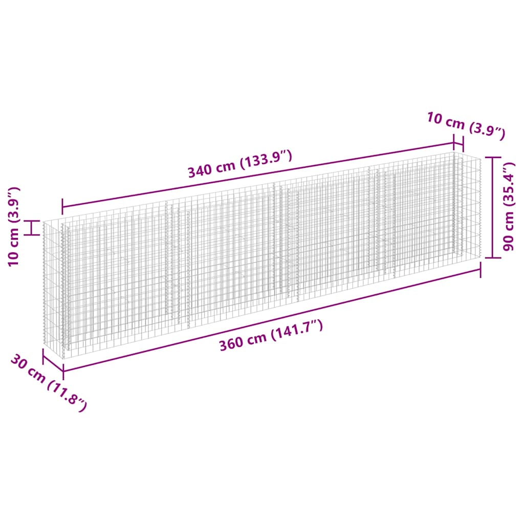 Габион повдигната леха, поцинкована стомана, 360x30x90 cм - VL145643 - Thumbnail 7
