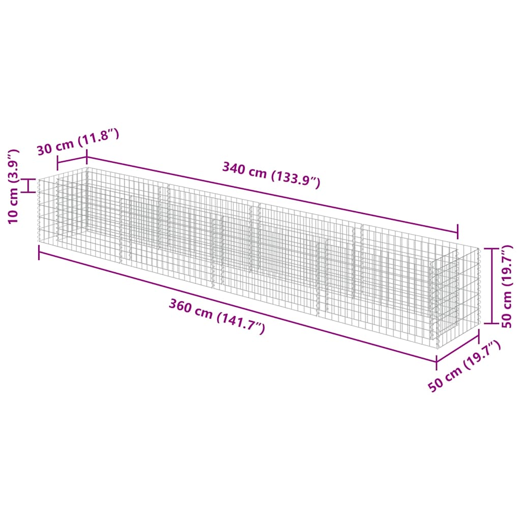 Габион повдигната леха, поцинкована стомана, 360x50x50 cм - VL143561 - Image 8