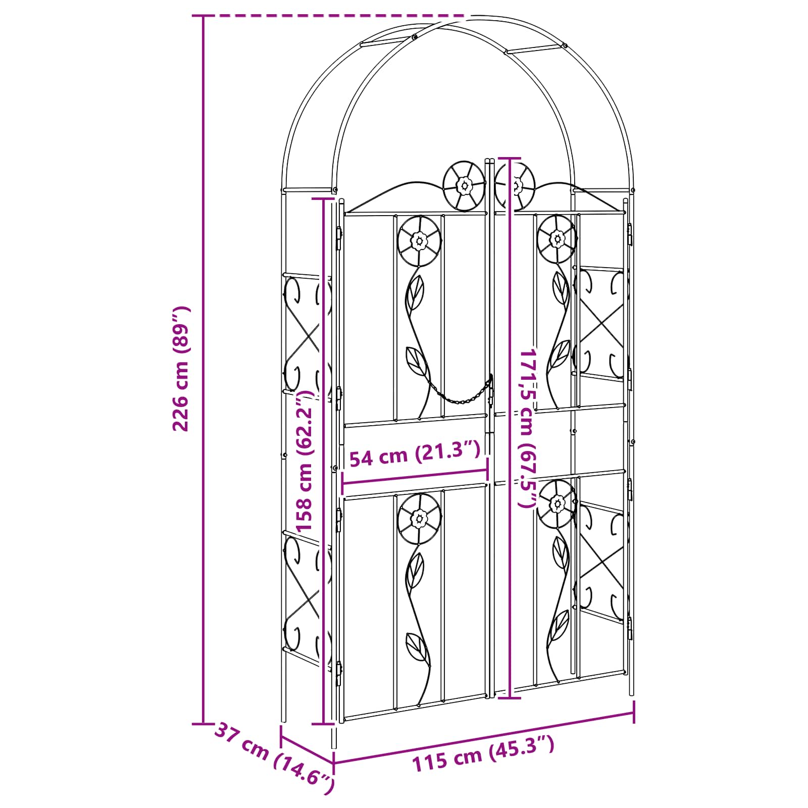 Градинска арка Едноцветен Черно 115 x 37 x 226 см - VL42021348 - Thumbnail 10