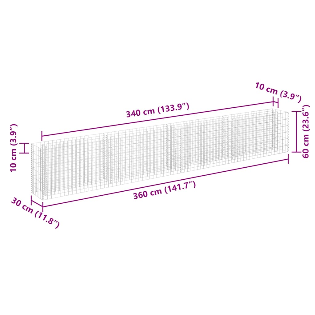 Габион повдигната леха, поцинкована стомана, 360x30x60 cм - VL145642 - Thumbnail 7