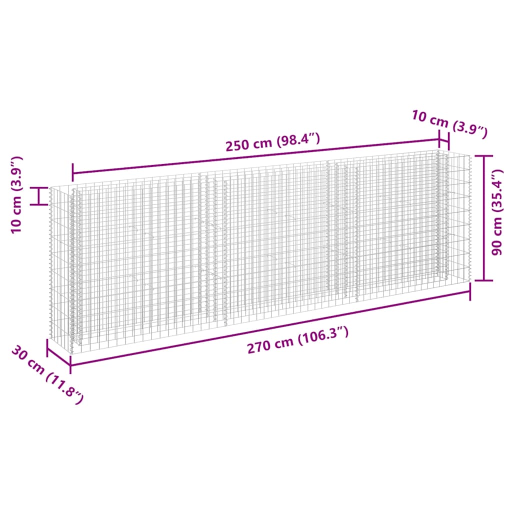 Габион повдигната леха, поцинкована стомана, 270x30x90 cм - VL145639 - Thumbnail 7