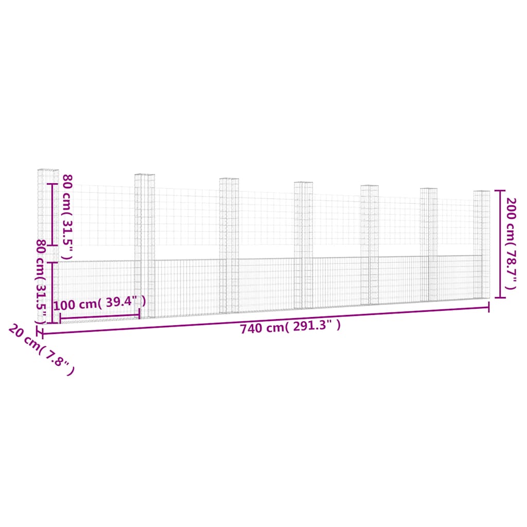 U-образна габионна кошница със 7 стълба, желязо, 740x20x200 см - VL151294 - Image 6