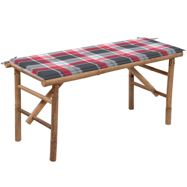 Сгъваема пейка 118x38x45 см кафява — бамбук — червено каре (3 см)