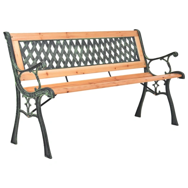 Градинска пейка 116 × 52,5 × 73 см кафява — чам масив — чугун — PVC