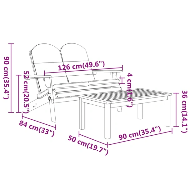 Лаундж комплект Адирондак 126 см кафяв — акация масив — с маса и възглавници - Image 9