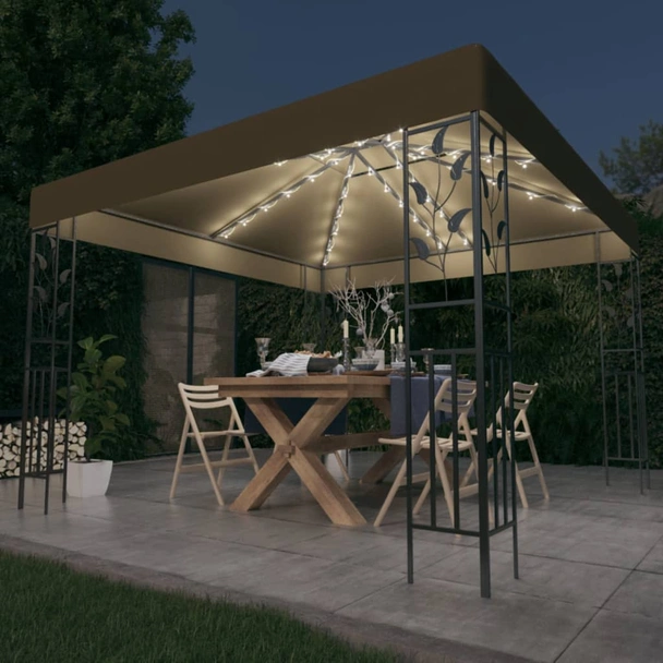 Шатра 3 x 3 м таупе — полиестер 180 г/м² — двоен покрив и LED — стомана