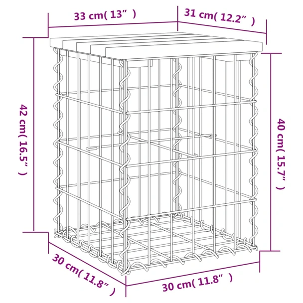 Градинска пейка с габион 33×31×42 см — борово дърво — поцинкована стомана - Image 8