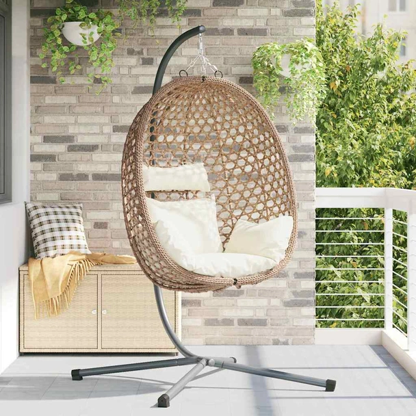 Висящ стол яйце 104 x 100 x 191 см кремав — полиратан — с възглавница