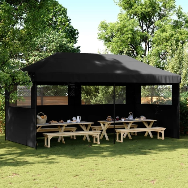 Pop-up парти шатра 5,8 x 2,9 м черна — оксфорд с PVC — 3 стени — стомана