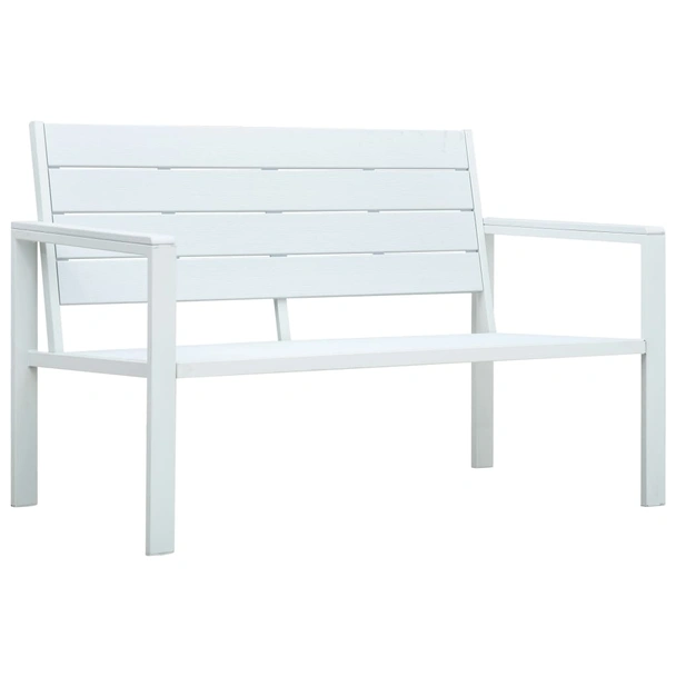 Градинска пейка 120 × 64 × 78 см бяла — HDPE имитация дърво — стоманена рамка