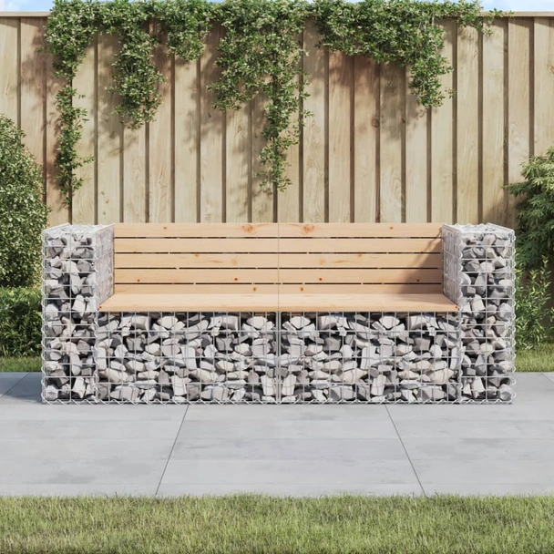 Градинска пейка с габион 184 × 71 × 65,5 см — бор масив — 2 части