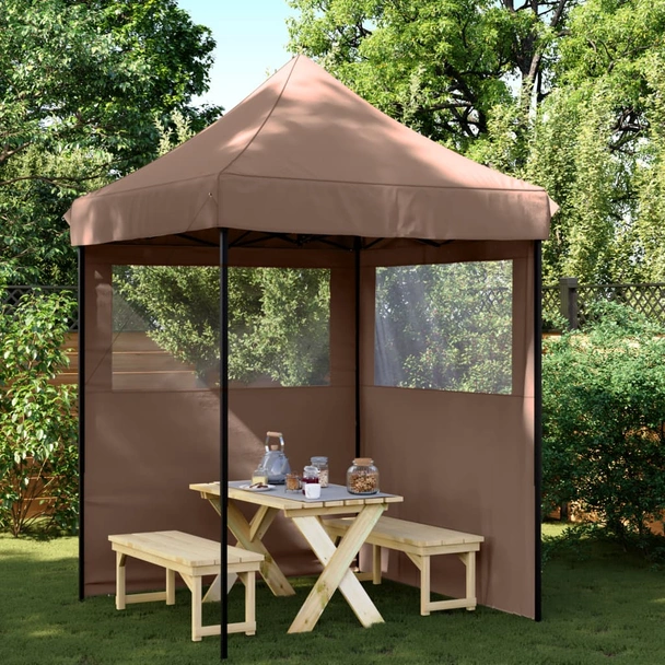 Pop-up парти шатра 2 x 2 м кафява — оксфорд с PVC — 2 стени — стомана