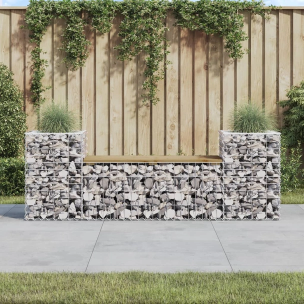 Градинска пейка 183x41x60,5 см — импрегниран бор — с габион и кашпи