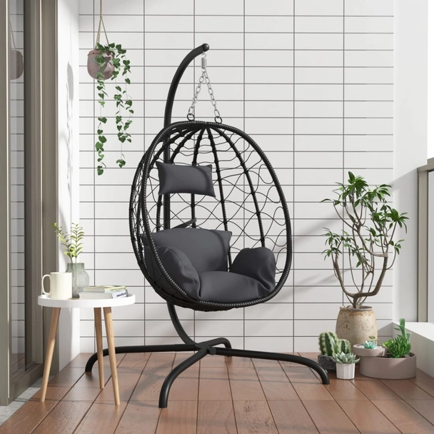 Висящ стол-яйце 106×103×195 см антрацит — PE ратан — стоманена рамка