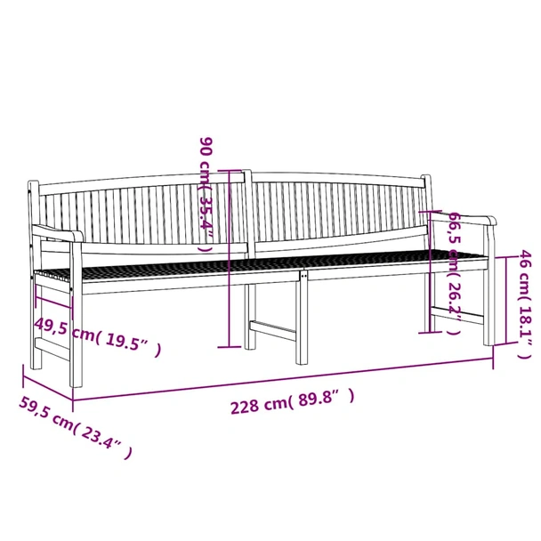 Градинска пейка 228×59,5×90 см — тиково дърво масив — с облегалка - Image 6
