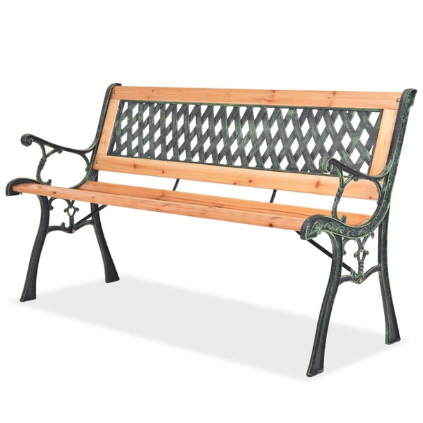 Градинска пейка 122x51x73 см кафява — дърво и ковано желязо — PVC облегалка