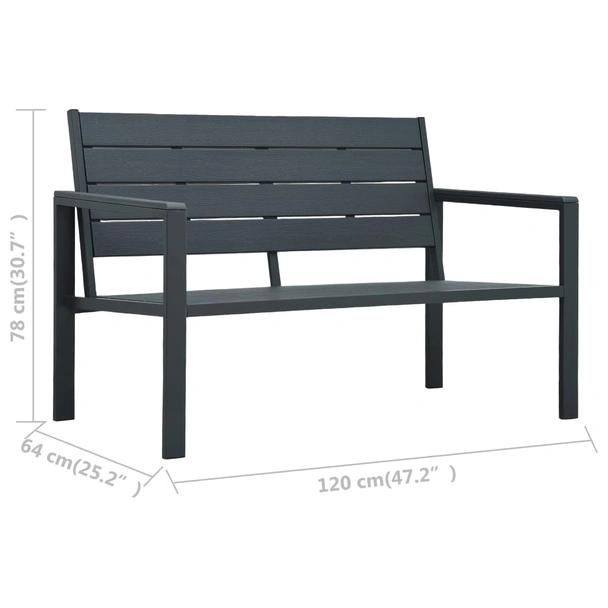 Градинска пейка 120 × 64 × 78 см сива — HDPE имитация дърво — стоманена рамка - Image 6