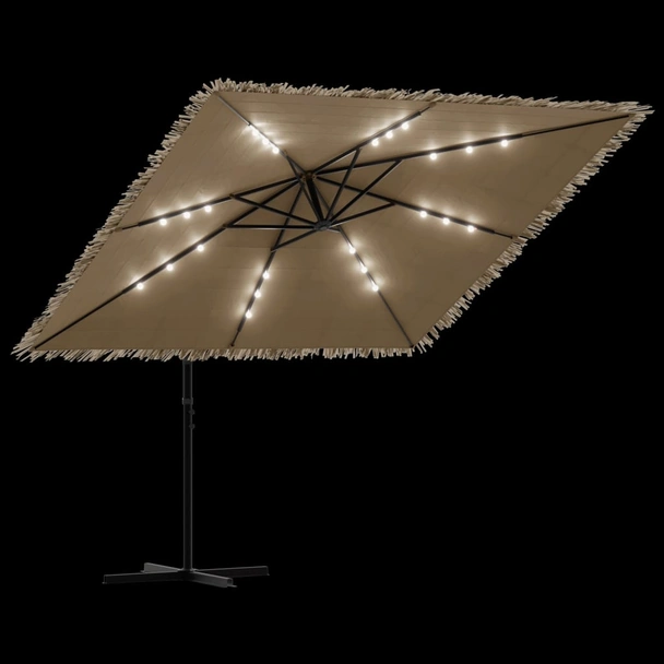 Градински чадър 2.5 x 2.5 м кафяв — слама — с LED — стоманена рамка - Image 9