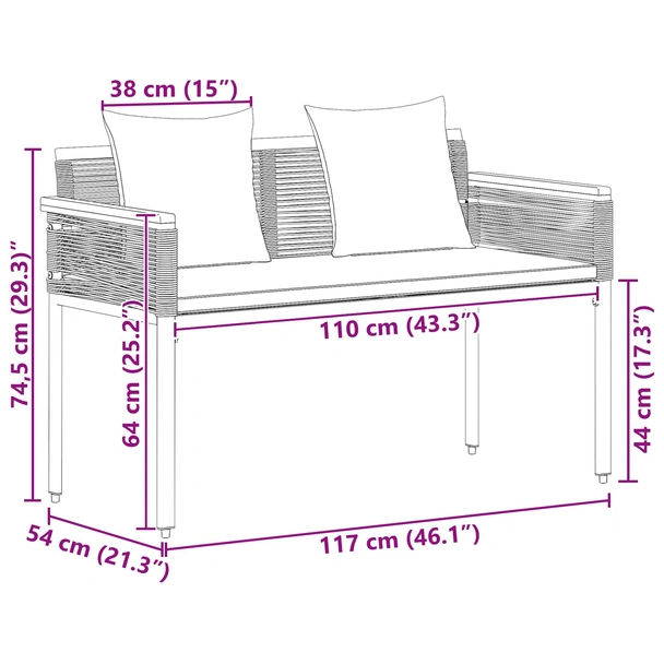 Външна пейка 117×54×74,5 см — PE ратан — черна/тюркоаз — стоманена рамка - Image 10