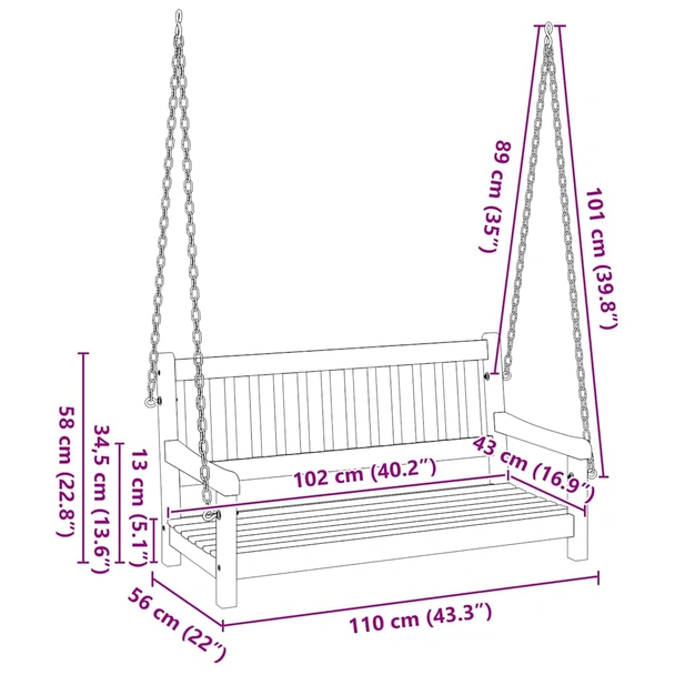 Люлееща се градинска пейка 110 × 56 × 58,5 см кафява — акация - Image 10