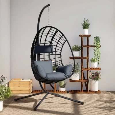 Висящ стол яйце 104×100×197 см антрацит — PE ратан — със възглавница