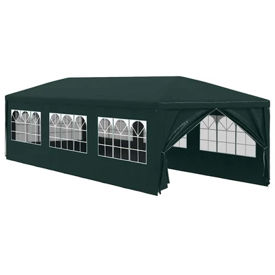 Парти шатра 9 x 3 м зелена — полиетилен (PE) — със страници — стомана