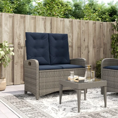 Накланяща се пейка 105x59x93 см сива — PE ратан — с нейви възглавница — стоманена рамка