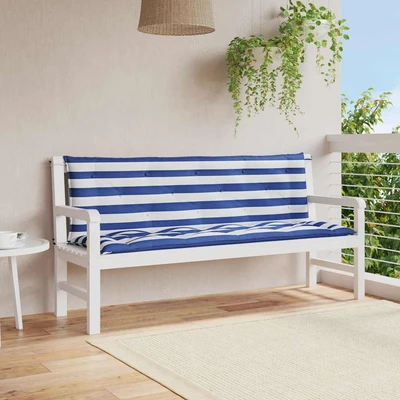 Възглавници за пейка 150x50x7 см синьо-бели райета, комплект 2 бр