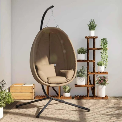 Висящ стол яйце 104×100×193 см таупе — текстил — с възглавница — стомана