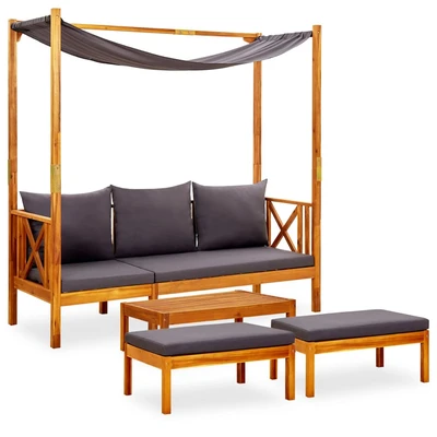 Градинска пейка с покрив, маса и 2 табуретки 179 см — акация масив — тъмносива