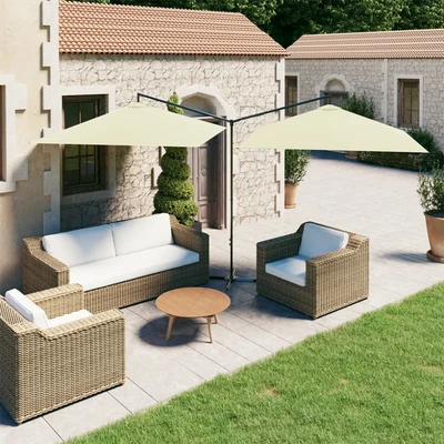 Двоен градински чадър 6 x 2,9 м пясъчен — полиестер — два сенника — стоманена рамка