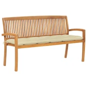 Стифираща пейка 159x57,5x90 см кафява — тик масив — кремава възглавница - Thumbnail 1