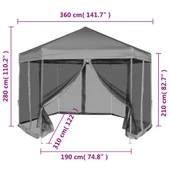 Шестоъгълна pop-up шатра 3,6 м сива — полиестер с PA — 6 мрежести стени - Thumbnail 12